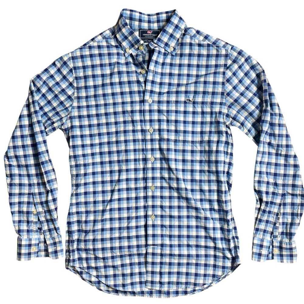 Vineyard Vines Slim Fit Tucker Shirt Blue and White Plaid Button Down Small Mens